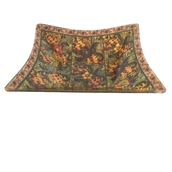 VTG Prima Design Glass Tray 10” Square Decoupage Floral Autumn Serving Platter - Picture 2 of 5